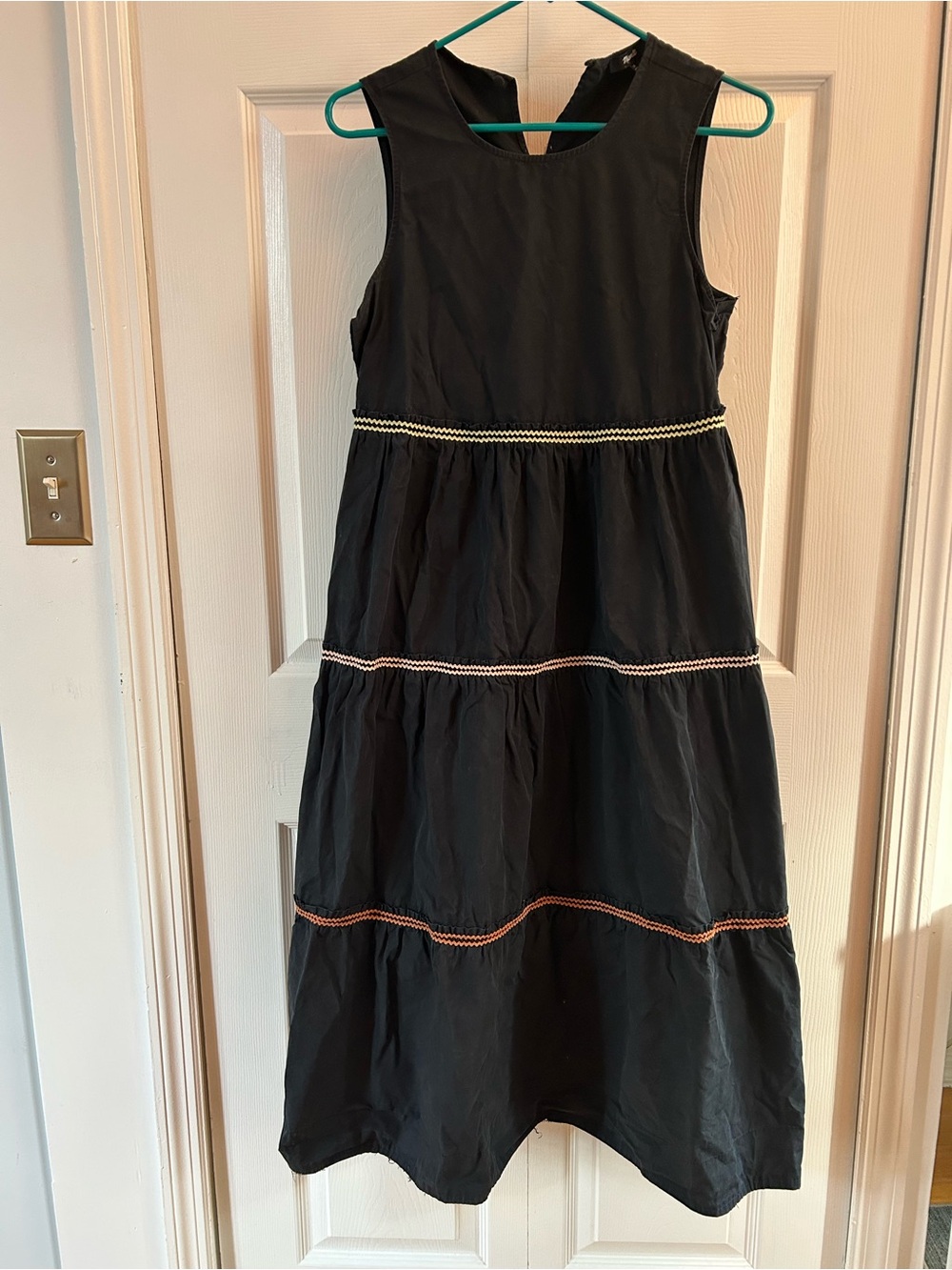 Madewell Black Rickrack Cattail Tiered Dress, Women’s XS, 100% cotton, Maxi/Midi